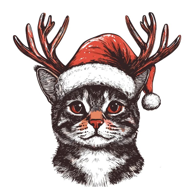 Chat avec chapeau de Noël et bois Noël