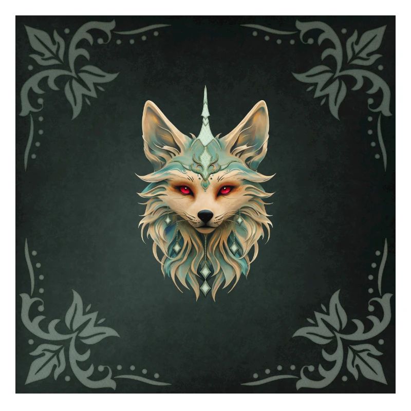 Mystical fox with piercing red eyes.