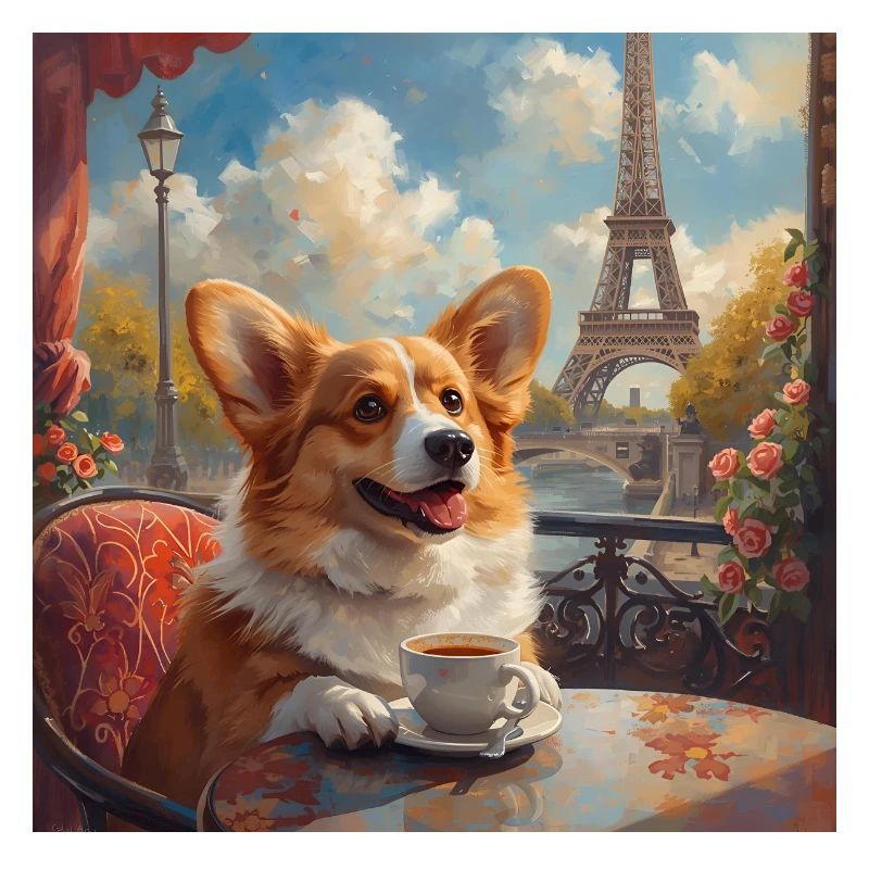 Corgi buvant du café devant la Tour Eiffel à Paris