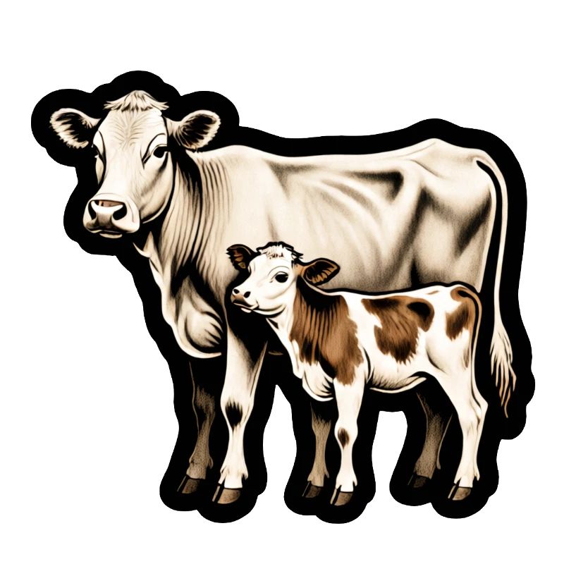 Mutterkuh mit Kalb – Retro Tierillustration