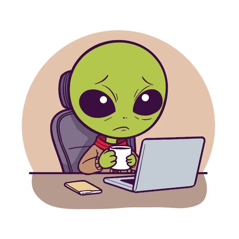 Stressed alien at desk with coffee