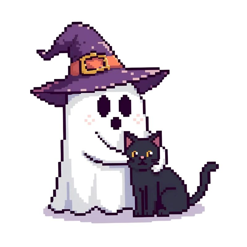 Pixel Ghost avec chapeau de sorcière et chat – Halloween