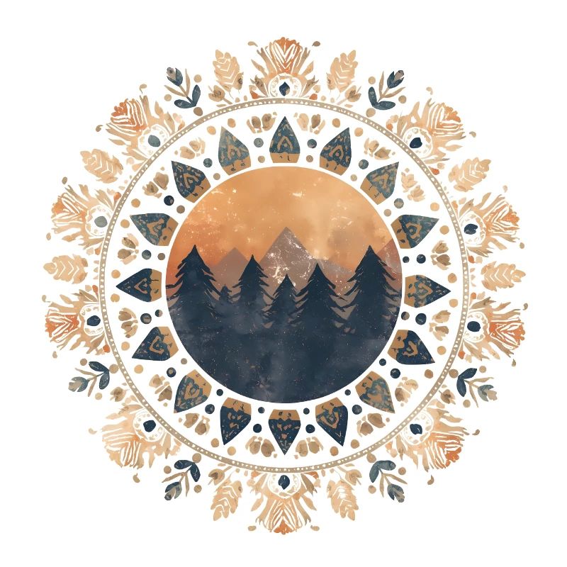 Boho Mandala with Forest & Mountains in Sunlight