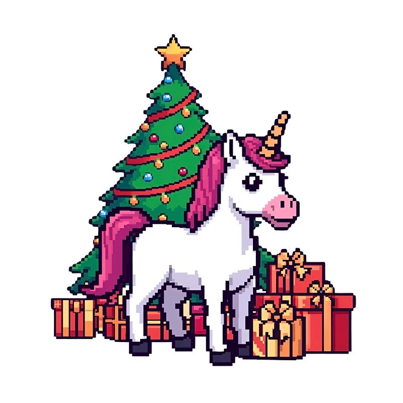 Pixel Einhorn & Weihnachtsbaum Retro Kunst