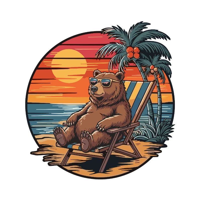 Funny Bear on Beach Summer Vacation Sunset