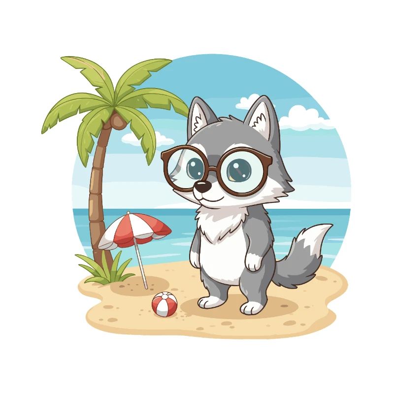 Cute Wolf with Glasses Beach Summer Vacation