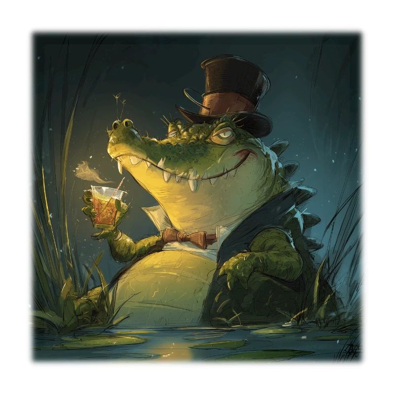 Elegant swamp crocodile with drink & top hat