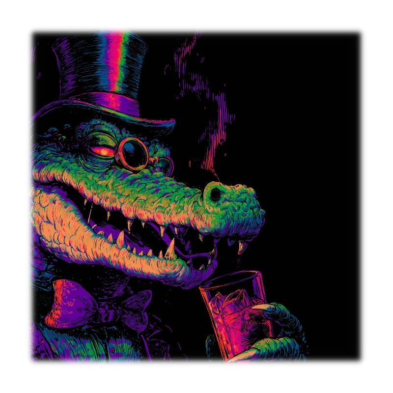 Crocodile néon avec haut-de-forme et boisson