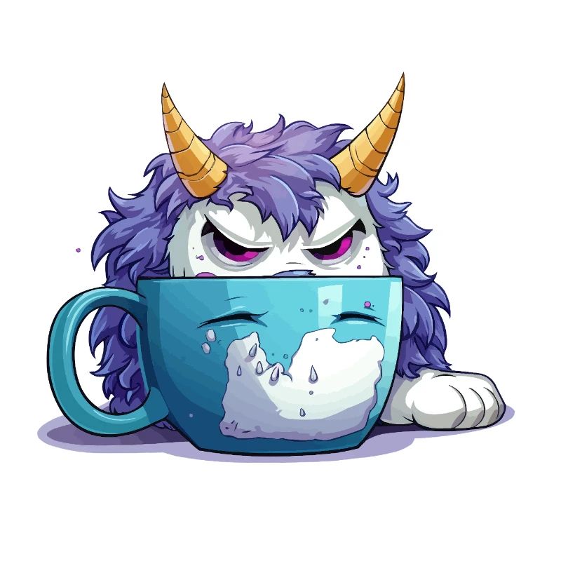 Grumpy monster in a coffee mug