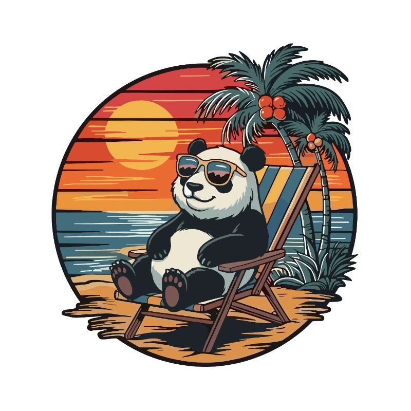Funny Panda on Beach Summer Vacation Sunset