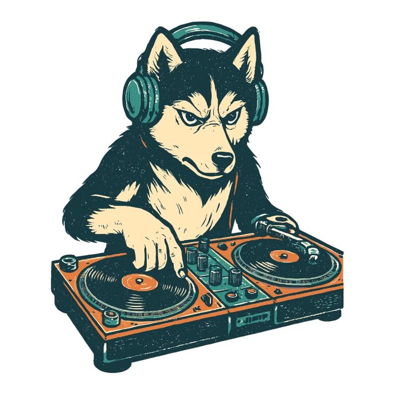 Husky DJ Retro Design : Chien à la console de mixage