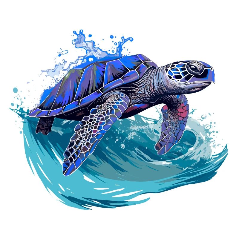 Sea turtle surfing on wave
