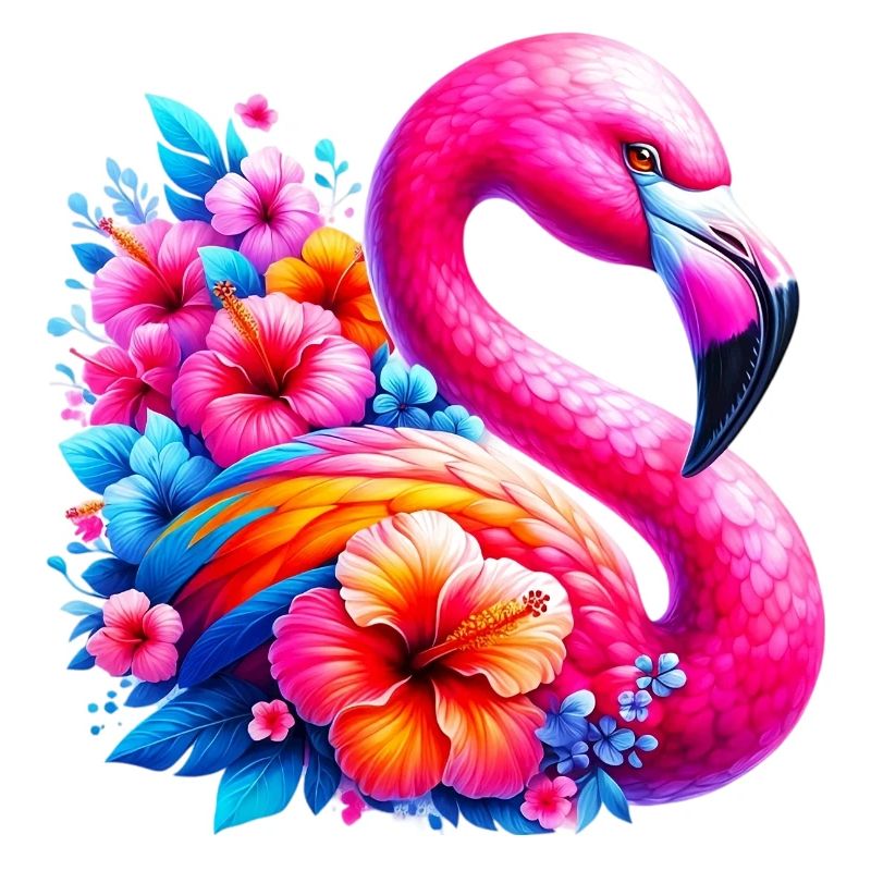 Flamant rose décoré de fleurs d’hibiscus