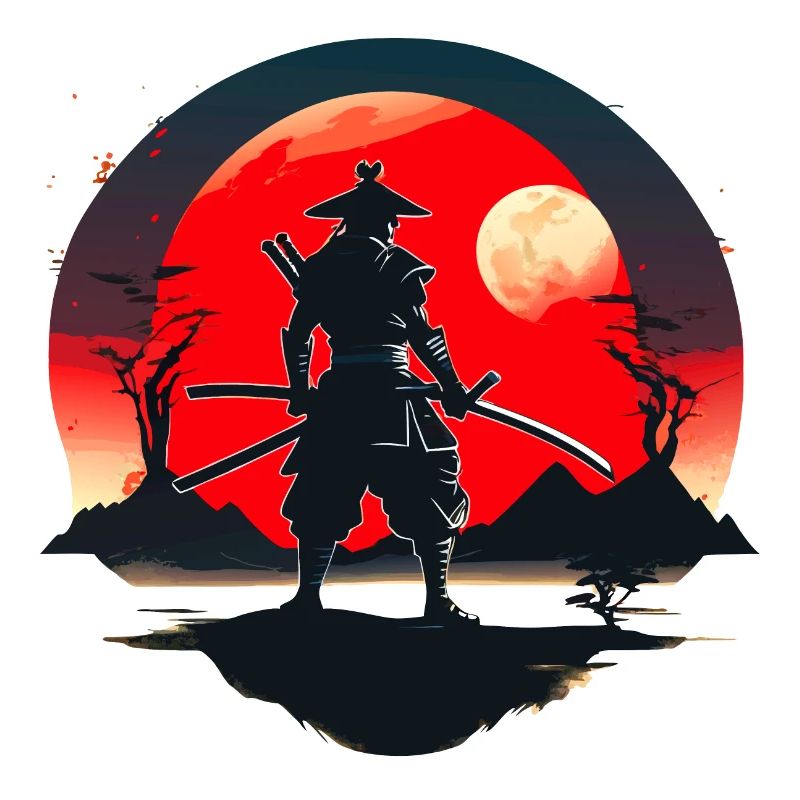 Samurai-Silhouette mit rotem Mondhintergrund