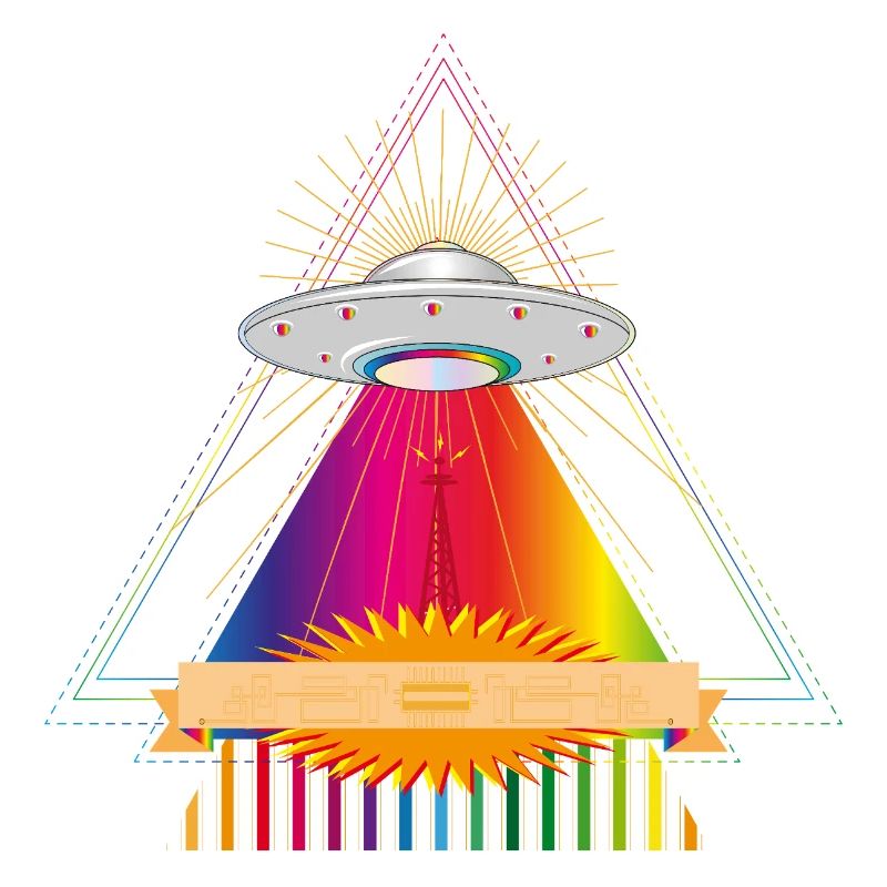 UFO over a glowing rainbow triangle