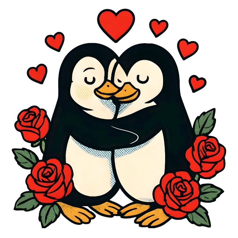 Cuddly penguins with a rose heart