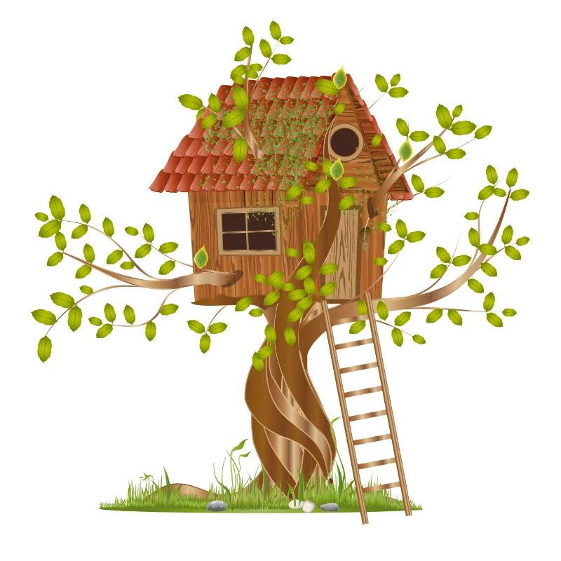 Une cabane en arbre de travers dans la canopée avec échelle