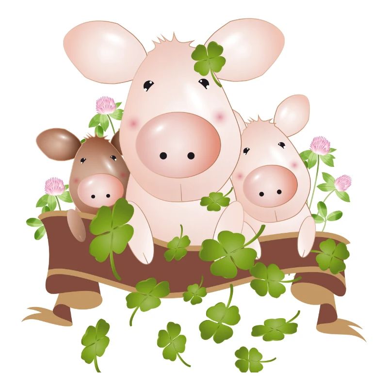 three lucky pigs with four-leaf clovers