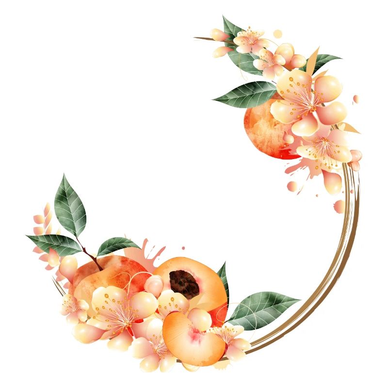 Moitié de pêche, pêches, fleurs de pêcher en couronne