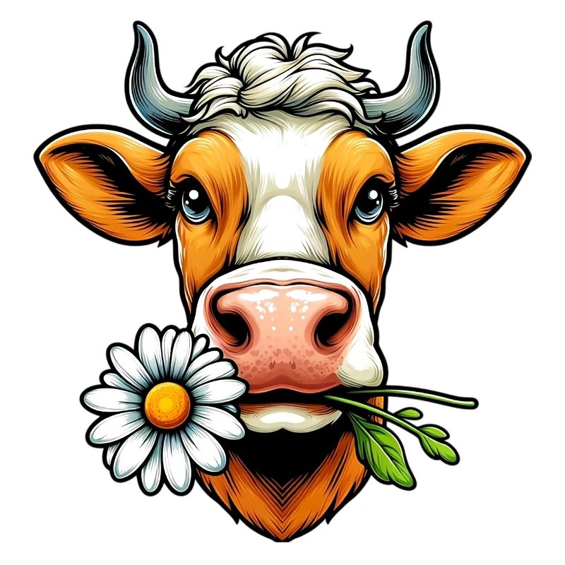 Kuh mit einer Gänseblümchenblume im Maul Blumen