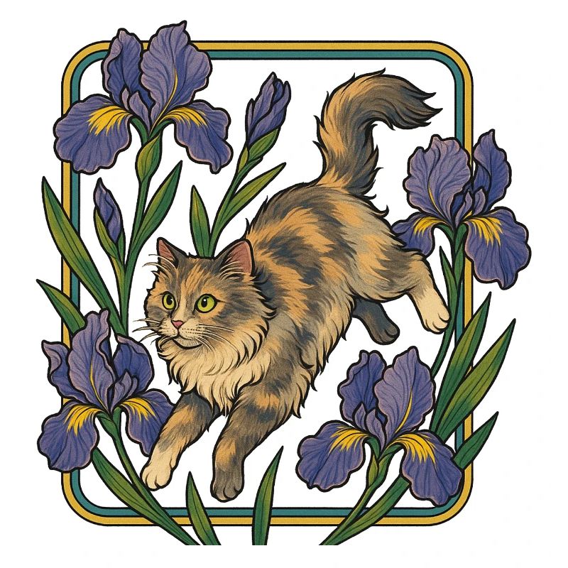 Chat élégant parmi les fleurs d'iris