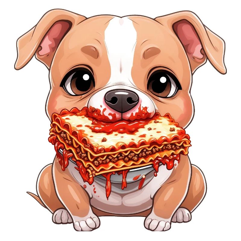 Mignon pitbull mangeant des lasagnes dessin animé