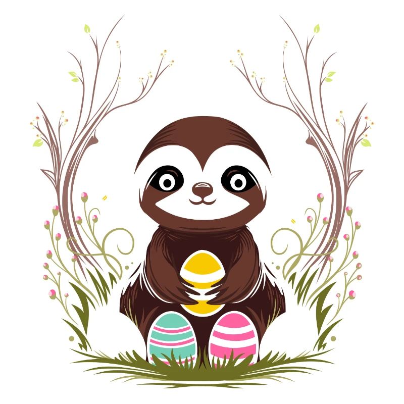 Easter Sloth with Easter Eggs in Spring