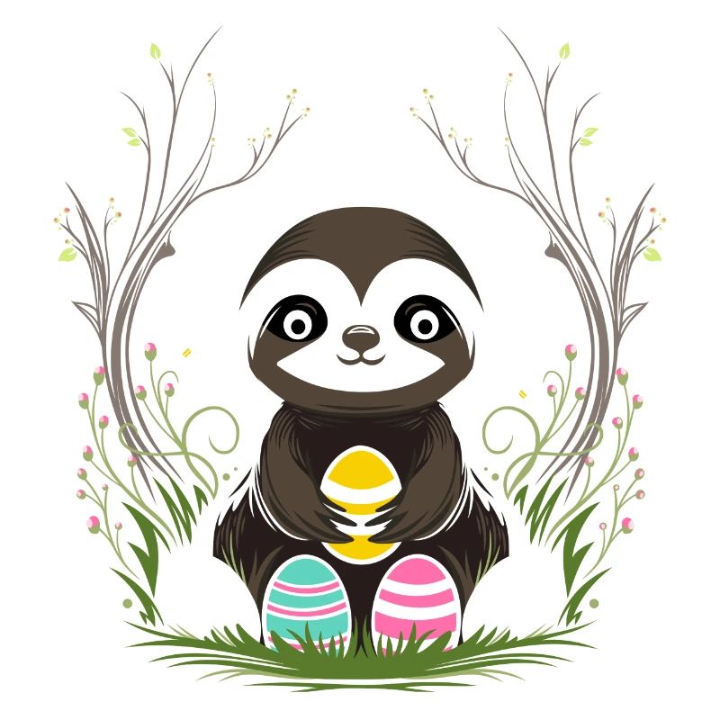 Easter Sloth with Easter Eggs in Spring