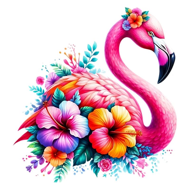 Flamant rose décoré de fleurs d’hibiscus