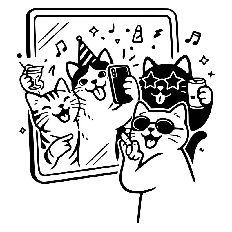 Selfie de fête avec des chats devant le miroir