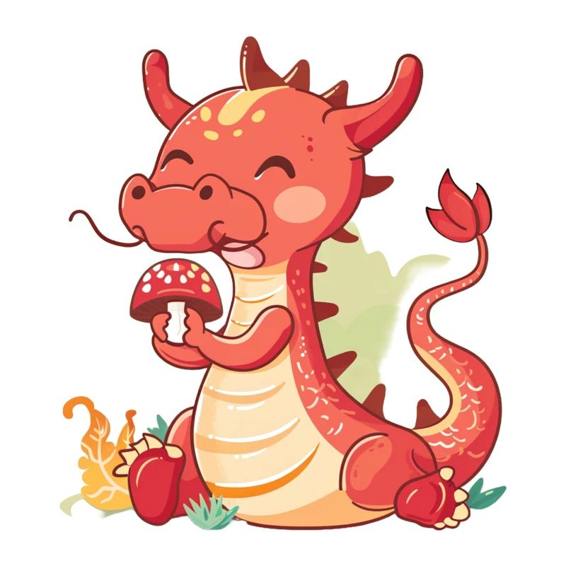 Petit dragon chinois mangeant un champignon