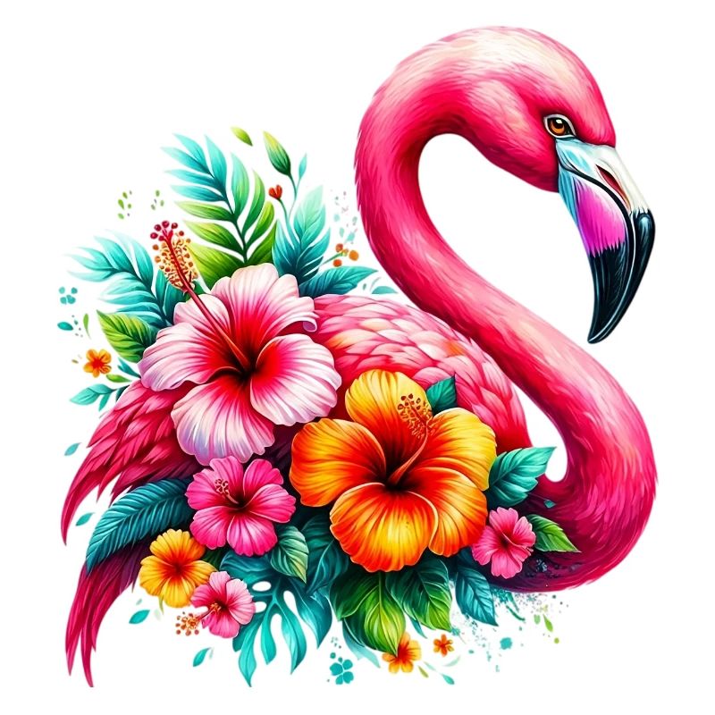 Flamant rose décoré de fleurs d’hibiscus