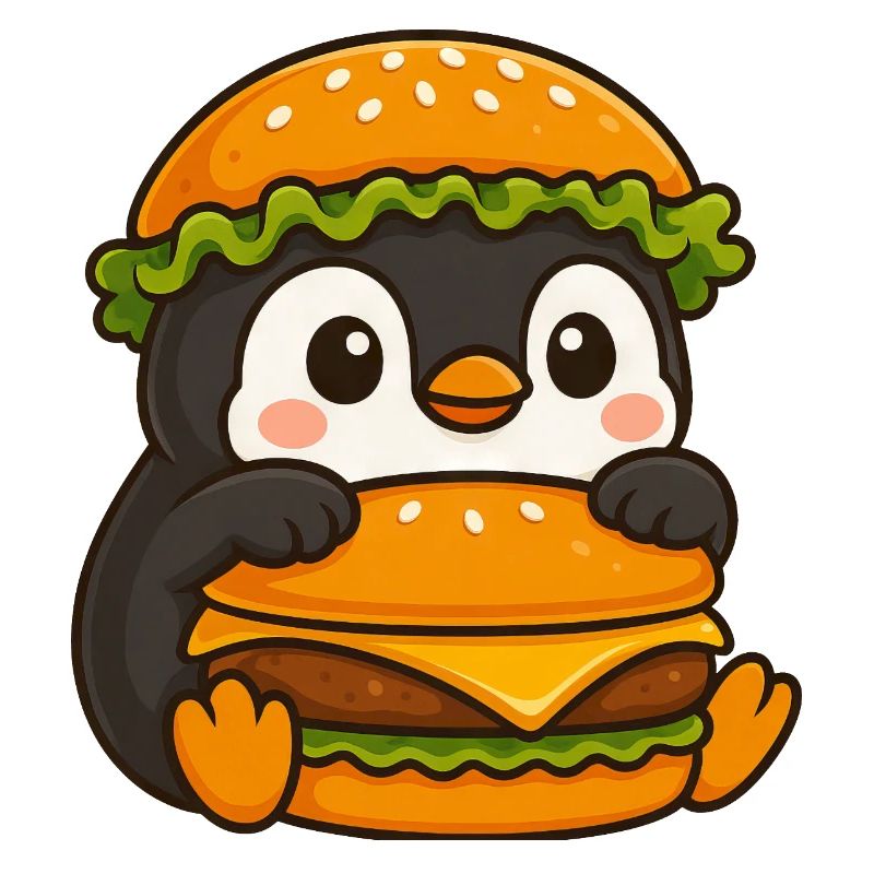 Süßer Pinguin mit Hamburger Cheeseburger Fast