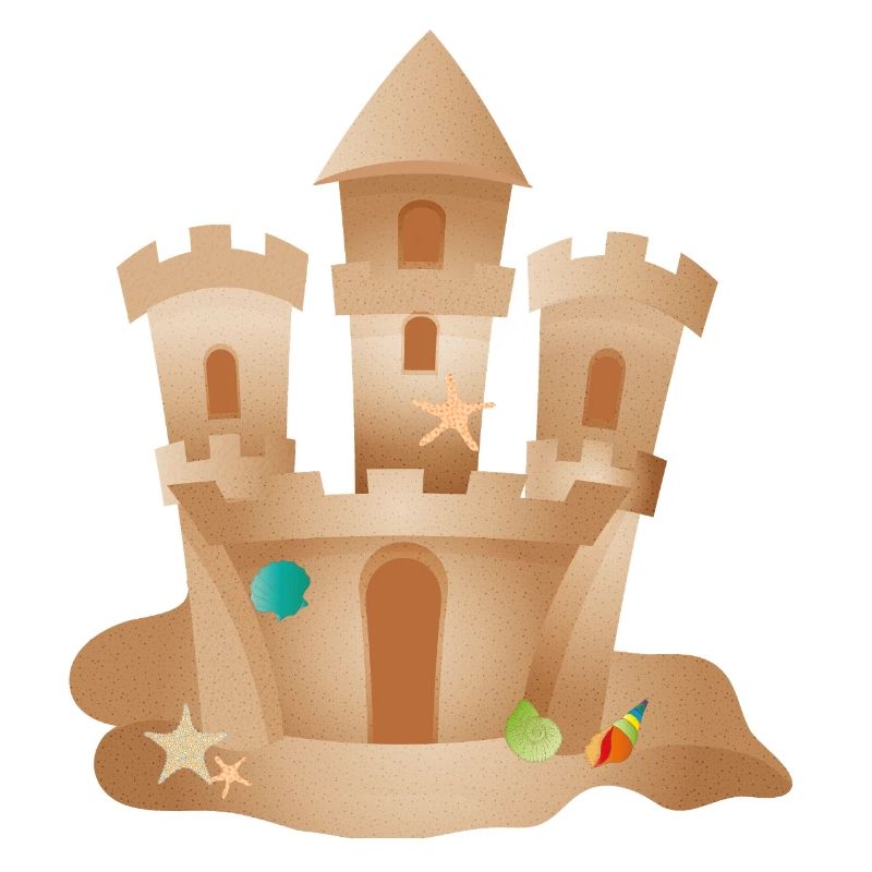 Sand castle with shells and starfish on the beach