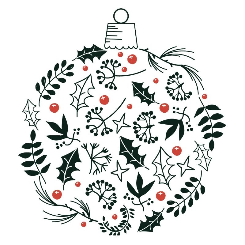 Weihnachtskugel mit Stechpalme und Vogelbeerblättern