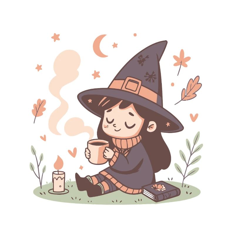Cozy witch and steaming cup