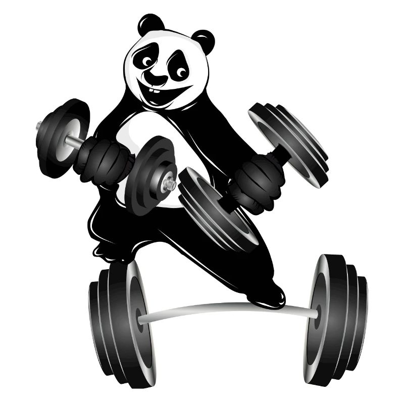 Bodybuilder panda bear with dumbbells while exercising