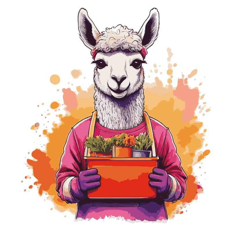 Lama im Garten mit Blumenkorb