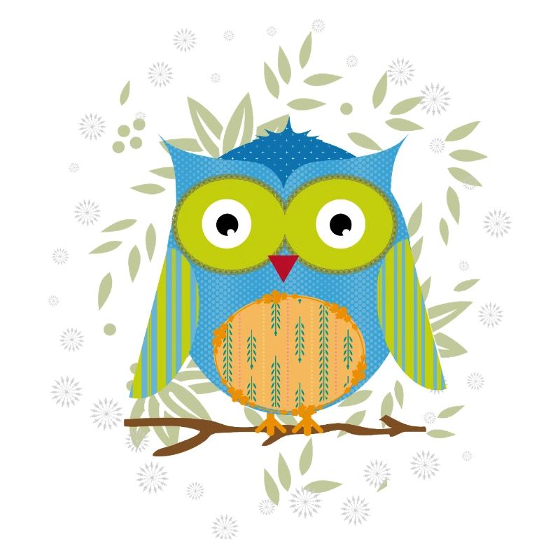 Hibou patchwork élégant sur une branche dans une mer de feuilles