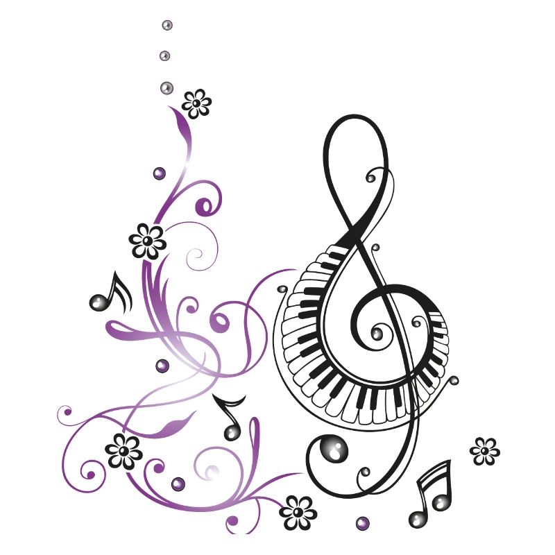 Clef avec piano, fleurs et notes de musique.