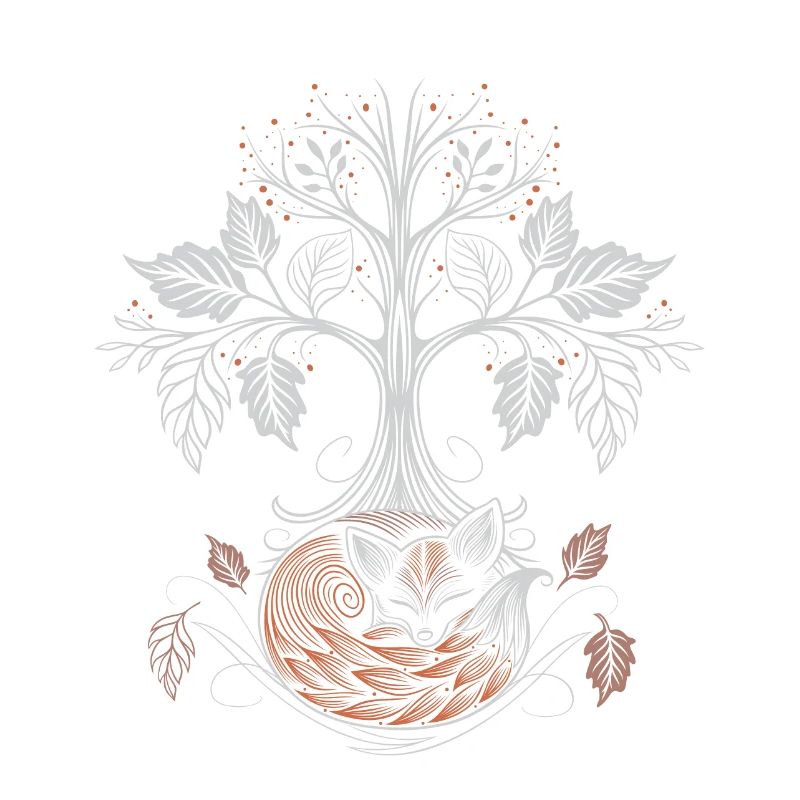 Sleeping Fox Under Tree of Life - Autumn Night