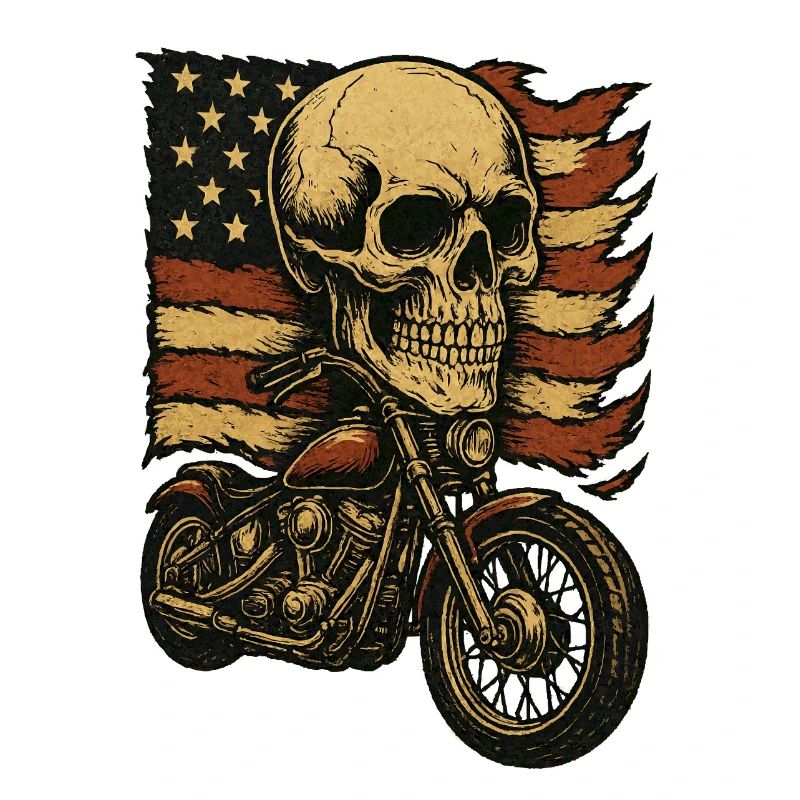 Moto skeleton devant le drapeau américain