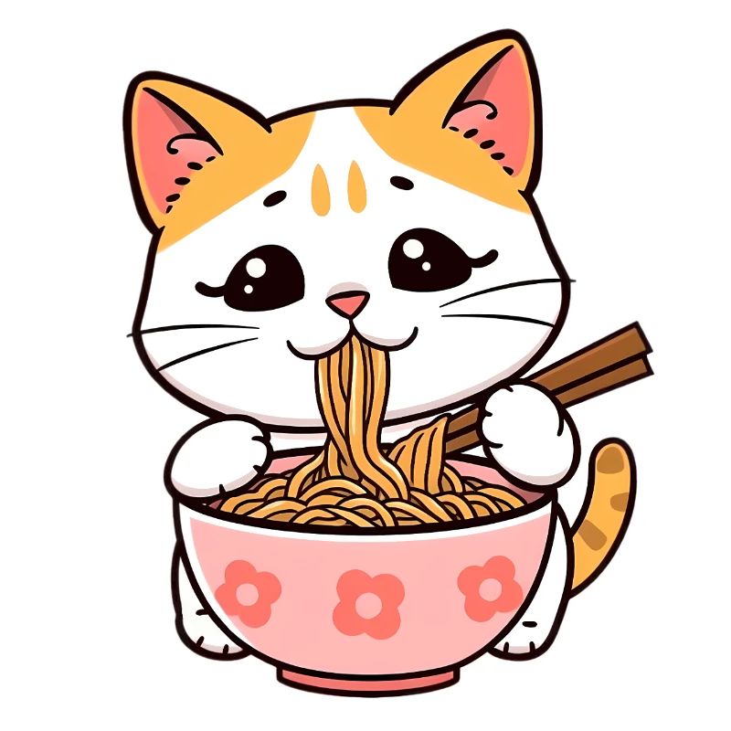 Cat Eats Ramen Noodles