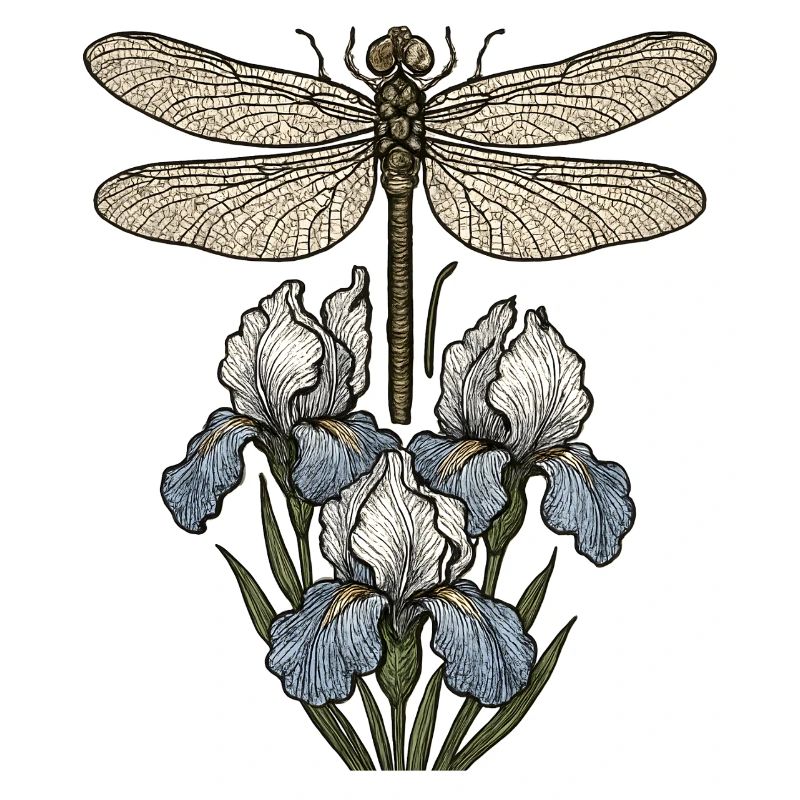 Libellule sur fleurs d’iris
