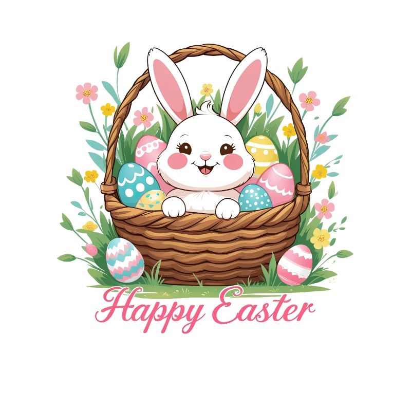Joyeuses Pâques – Lapin mignon dans le panier de Pâques