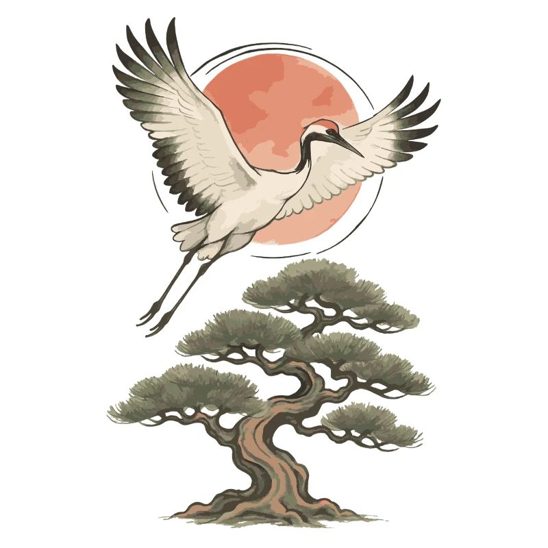 Flying Crane Over Pine Tree