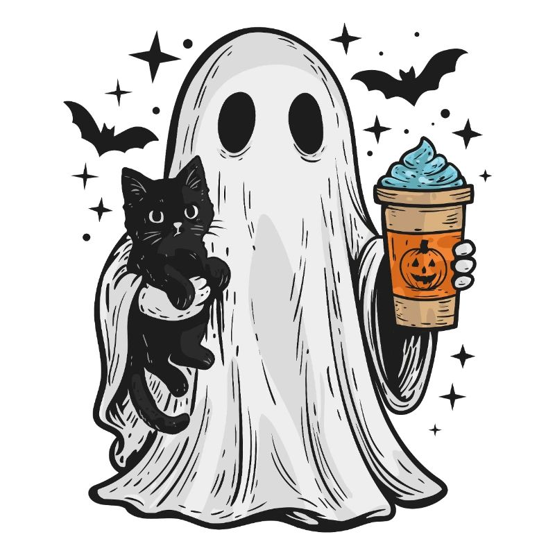 Halloween Ghost with Cat and Coffee