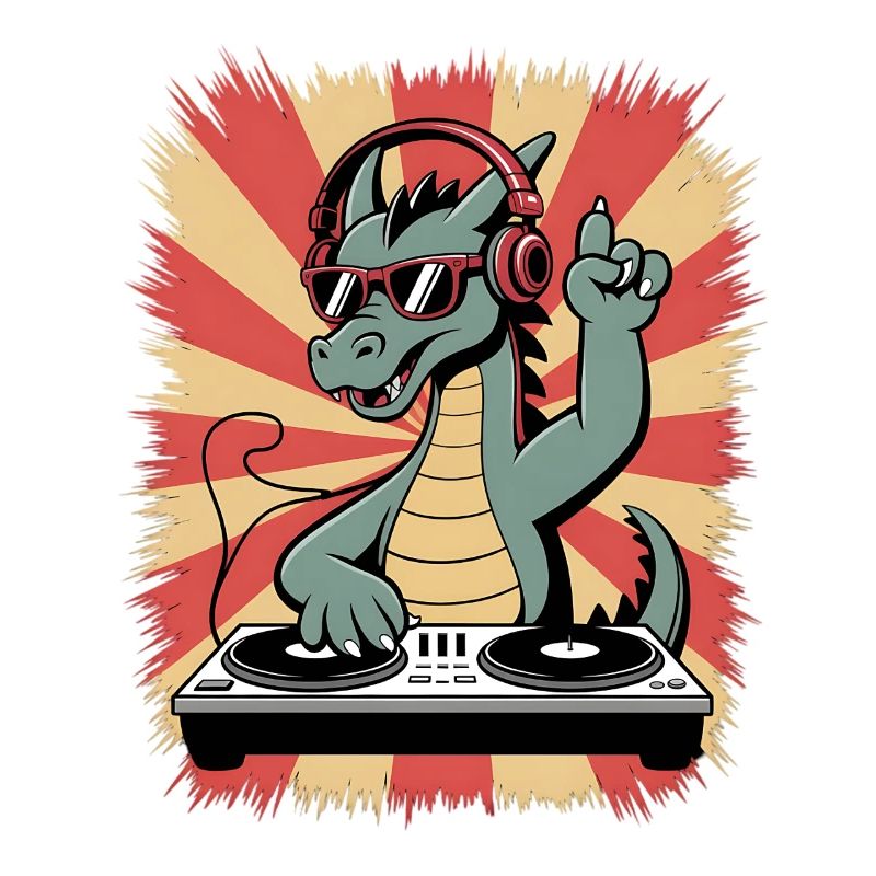 Drachen-DJ mit Kopfhörer-Beat