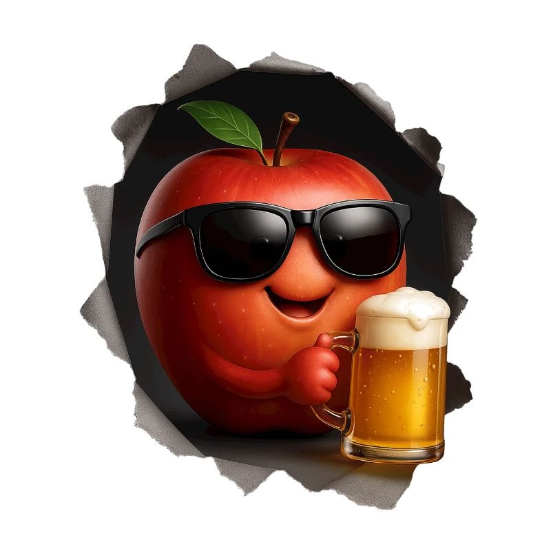 Apple with sunglasses drinking beer