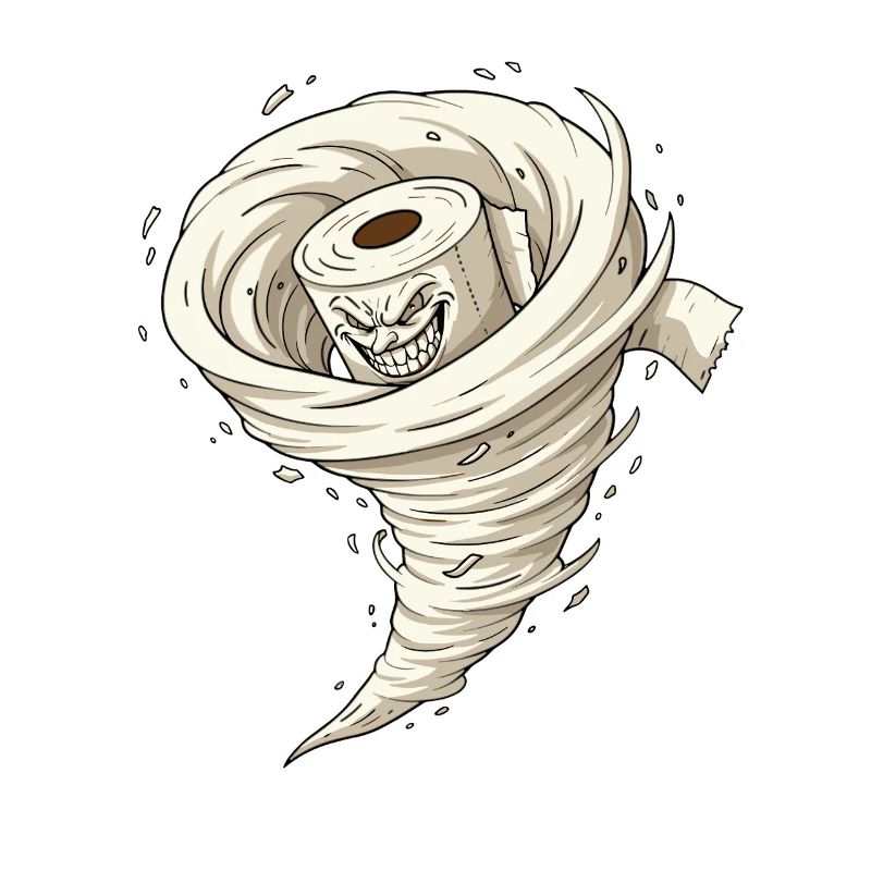 Tornade faite de papier toilette avec une grimace